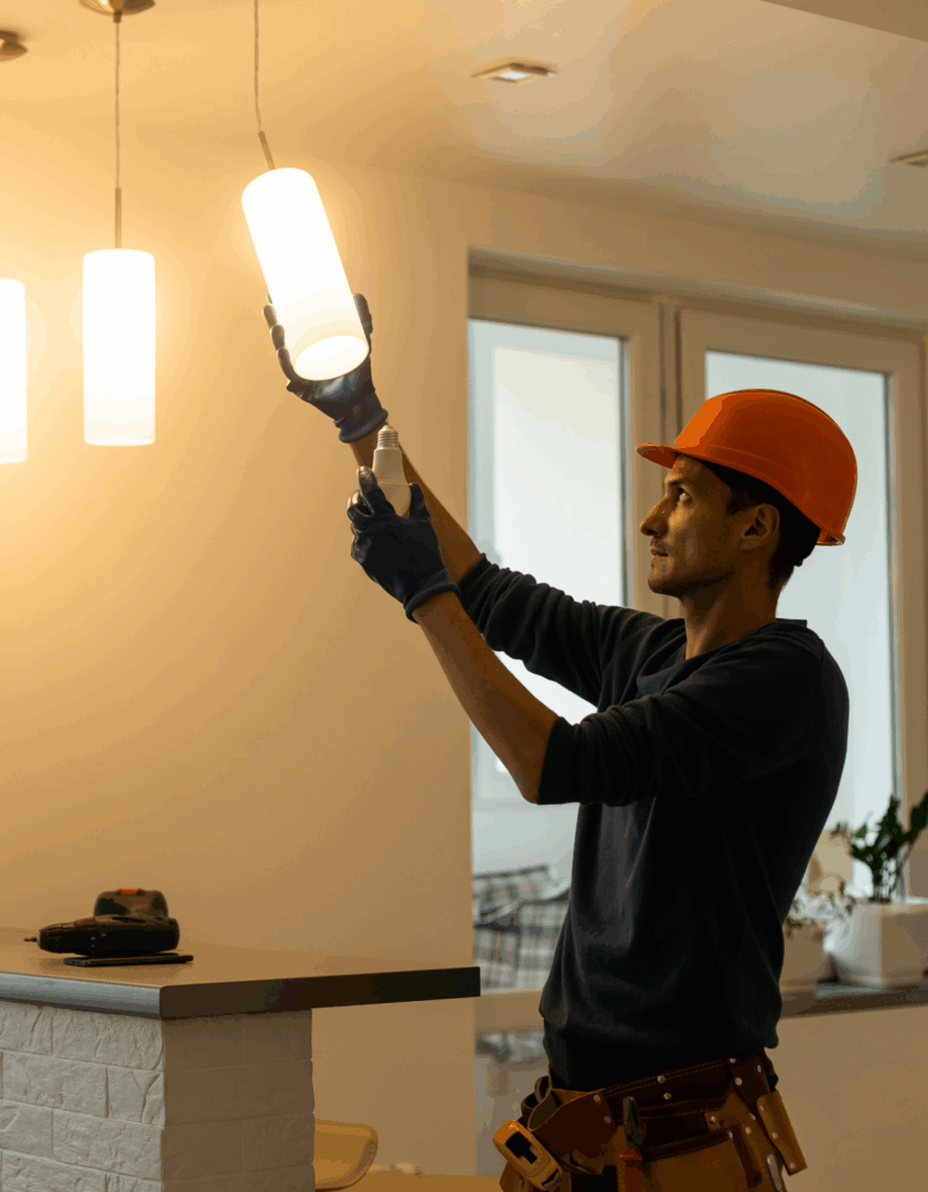 Electrician installing ceiling light fixture.