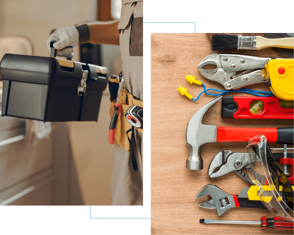 Toolbox and various hand tools displayed.