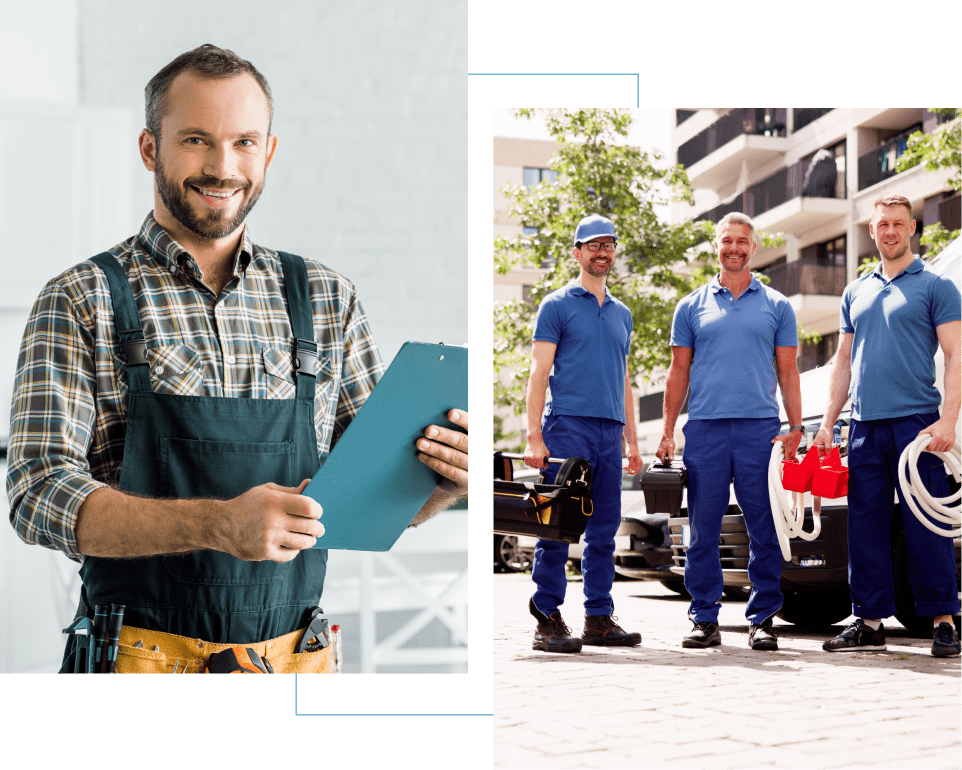 Smiling workers with tools and equipment.