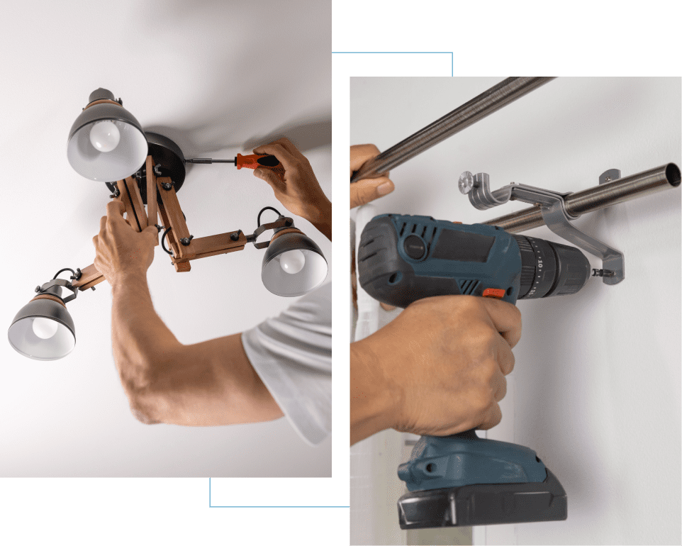 Installing light fixture and drilling into wall.