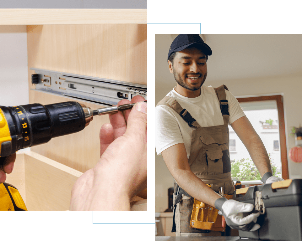 Man assembling furniture with tools indoors.