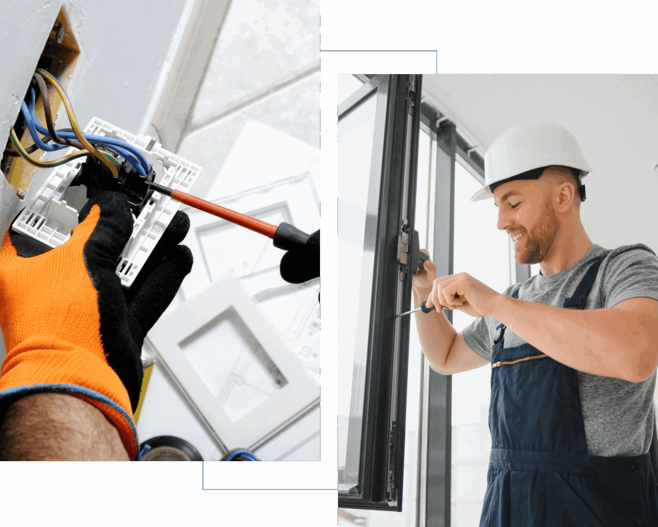 Electrician working; fixing window and wiring.