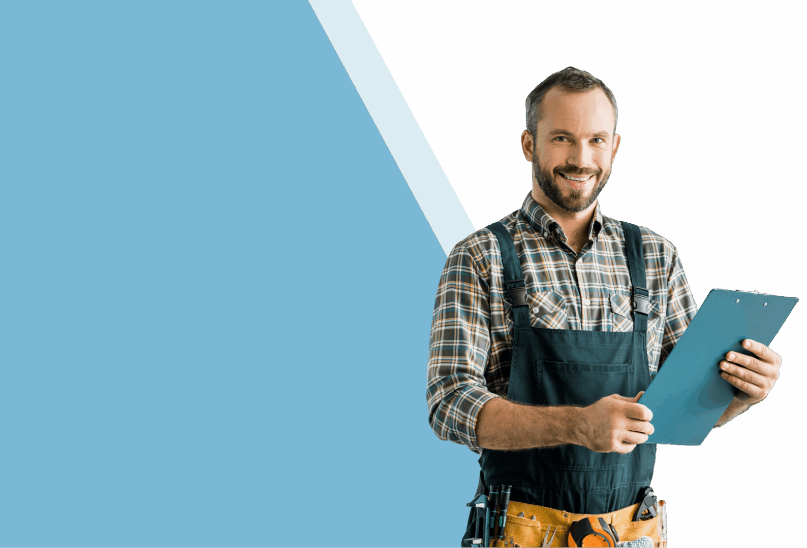 Smiling worker holding clipboard, wearing overalls.